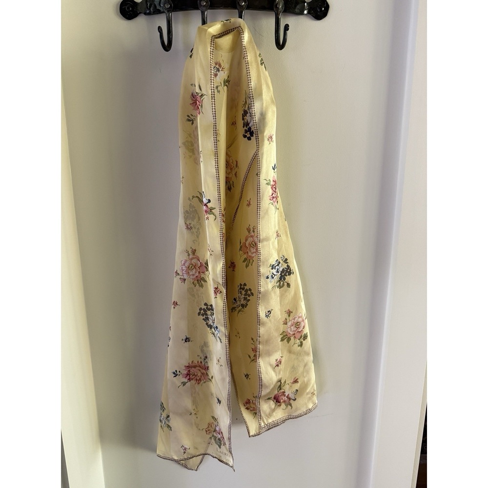 Lauren Ralph Lauren Silk Scarf Yellow Floral Striped Gingham Border Oblong 25x52